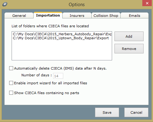 Options: Import: CIECA files with no parts