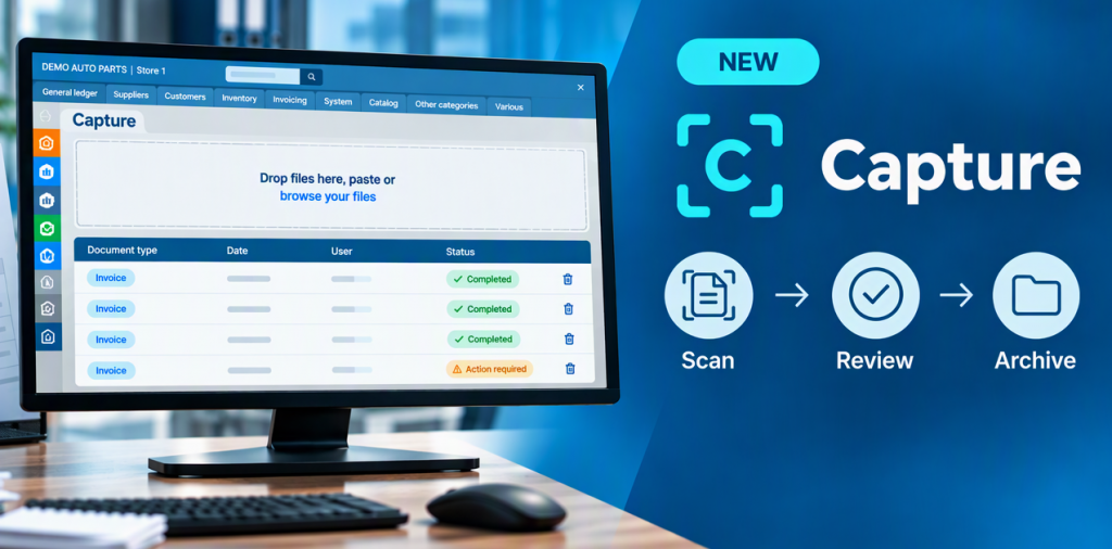 Capture dans ProgiPac: showing the purchase invoice processing interface and the Scan, Review and Archive steps.