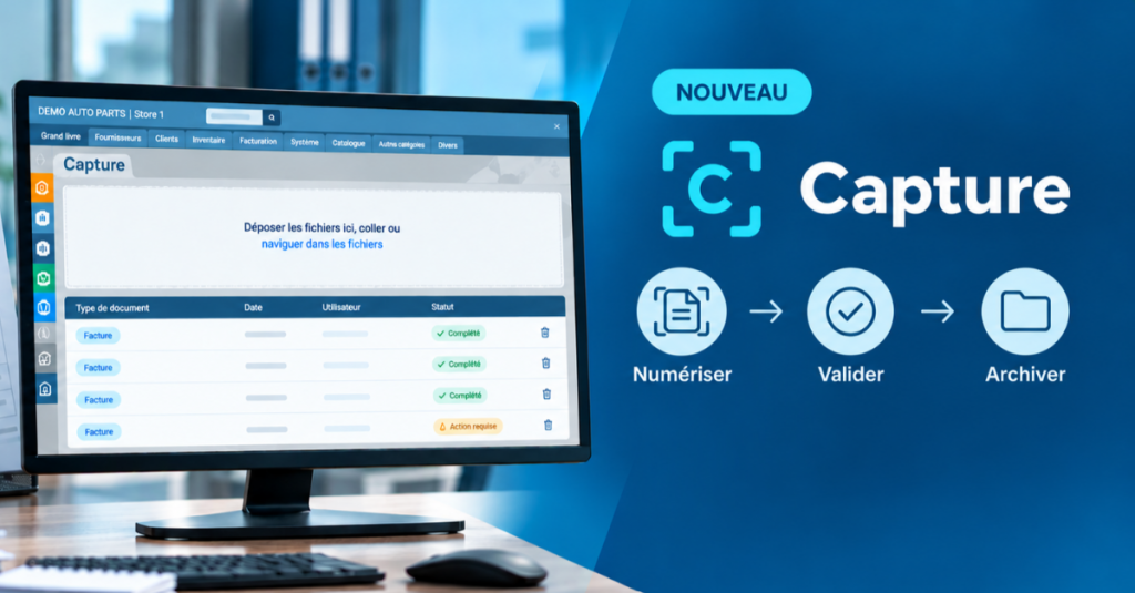 Capture dans ProgiPac : interface de traitement des factures d’achat et étapes Numériser, Valider et Archiver.